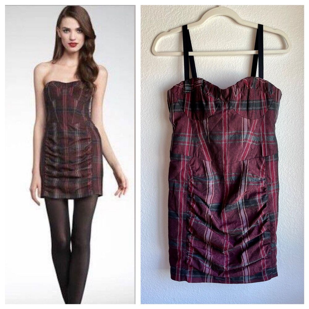 NWOT Nanette Lepore Watson Tartan Plaid Convertible Bustier Dress Burgundy Black
